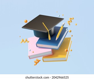 Minimal background for online education concept. Book with graduation hat on blue background. 3d rendering illustration. Clipping path of each element included.