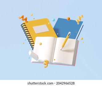 Minimal background for online education concept. Book and pencil on blue background. 3d rendering illustration. Clipping path of each element included.