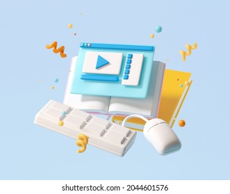 Minimal background for online education concept. Notebook with learning application on blue background. 3d rendering illustration. Clipping path of each element included. - Powered by Shutterstock