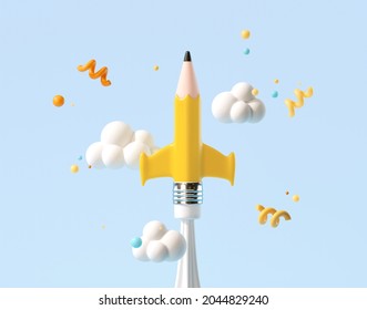 Minimal background for online education concept. Launching pencil rocket on blue background. 3d rendering illustration. Clipping path of each element included.