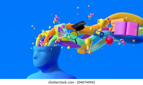 Minimal background for online education. Creative concept of the human brain on blue background. 3d rendering illustration. Clipping path of each element included.