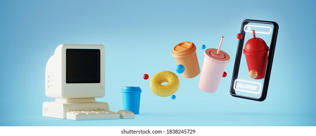 Minimal Background For Online Food Delivery Concept. Mobile Phone With Food And Beverage On Blue Background. 3d Rendering Illustration. Clipping Path Of Each Element Included.
