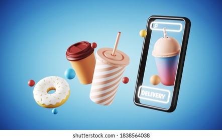 Minimal Background For Online Food Delivery Concept. Mobile Phone With Food And Beverage On Blue Background. 3d Rendering Illustration. Clipping Path Of Each Element Included.