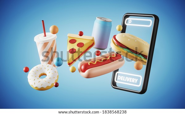 Minimal
background for online food delivery concept. Mobile phone with food
and beverage on blue background. 3d rendering illustration.
Clipping path of each element
included.