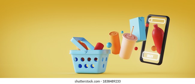 Minimal background for online shopping and digital marketing concept. Mobile phone with basket and grocery on yellow background. 3d rendering illustration. Clipping path of each element included.
