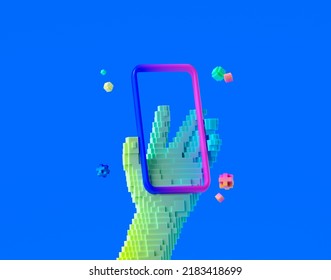 Minimal background for online technology and metaverse concept. Pixel hand with smartphone on blue background. 3d rendering illustration. Clipping path of each element included.