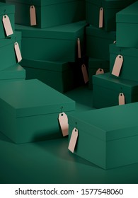 Minimal Background Present Concept Of Special Offer And Big Sale Season. Green Color Shopping Box Podium And Stack Of Cardboard Gift Boxes Background. 3d Rendering Illustration.