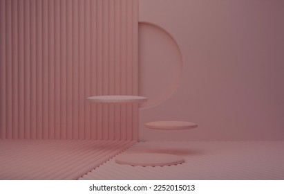 Minimal background for product presentation. 3d mock-up scene of beige floating cylinder platforms on beige-pink and purple background. 3d rendering.