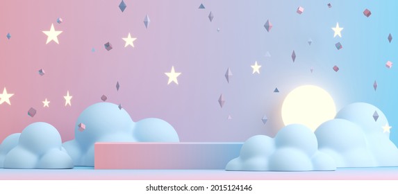 Minimal background for product presentation  Blue gradient podium  cloud  star   night scene  Café poster templates mock up  Clipping path each element included  3d rendering illustration  