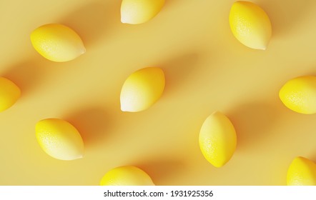 Minimal Background For Summer Concept. Yellow Lemon On Yellow Background. Café Poster Templates Mockup . 3d Render Illustration. Clipping Path Of Each Element Included.