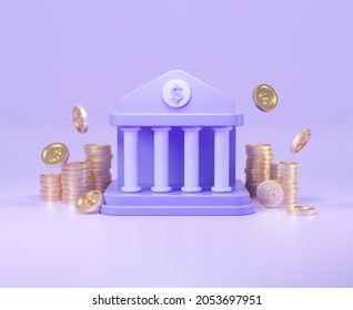 Minimal Bank building with falling gold coins. Bank deposit, money investment and currency concept. 3d rendring.