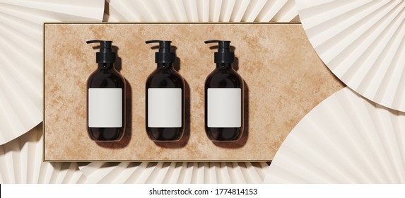 Minimal beauty mockup for product presentation. Cosmetic bottle on velvet tray and brass edge with paper fan medallion background. 3d render illustration. Clipping path of each element included.