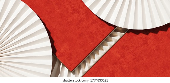 Minimal Beauty Mockup For Product Presentation. Red Velvet Tray And Brass Edge With Paper Fan Medallion Background. 3d Render Illustration. Clipping Path Of Each Element Included.