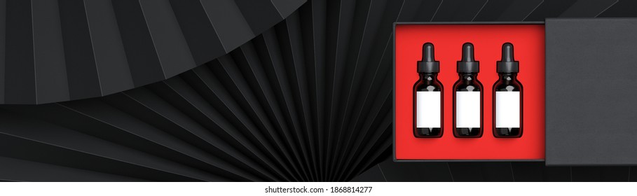 Minimal Beauty Mockup For Product Presentation. Red And Black Blank Open Paper Box On Black Paper Fan Medallion Background. 3d Render Illustration. Clipping Path Of Each Element Included.