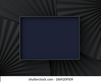 Minimal Beauty Mockup For Product Presentation. Black And Blue Blank Open Paper Box On Black Paper Fan Medallion Background. 3d Render Illustration. Clipping Path Of Each Element Included.