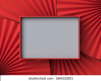 Minimal Beauty Mockup For Product Presentation. Red Blank Open Paper Box On Red Paper Fan Medallion Background. 3d Render Illustration. Clipping Path Of Each Element Included.