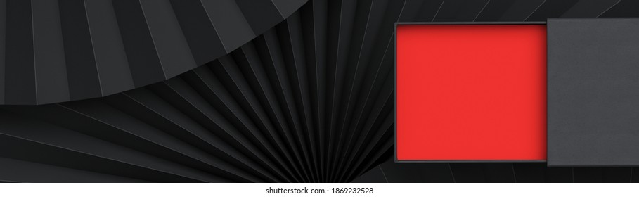 Minimal Beauty Mockup For Product Presentation. Black And Red Blank Open Paper Box On Black Paper Fan Medallion Background. 3d Render Illustration. Clipping Path Of Each Element Included.