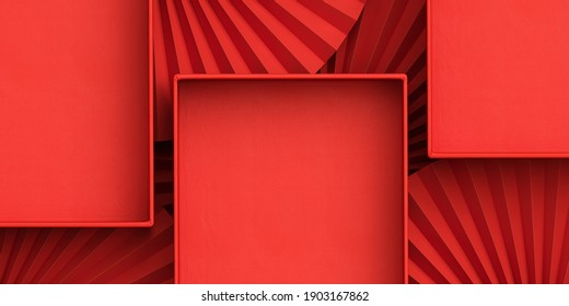 Minimal Beauty Mockup For Product Presentation. Red Blank Open Paper Box On Red Paper Fan Medallion Background. 3d Render Illustration. Clipping Path Of Each Element Included.