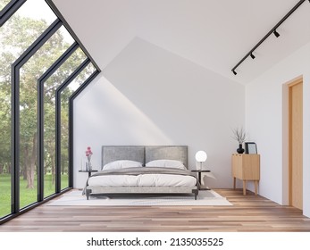 Minimal bedroom with nature view 3d render,wooden floor and white walls. decorated with gray bedding The windows protruding from the ceiling offer views of nature.