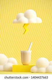 Minimal Beverage Background For Coffee Tea Smoothie Drink Presentation. Milk Tea On Yellow Podium And White Cloud On Yellow Strip Pattern Scene. Cafe Poster Templates Mockup. 3d Render Illustration.