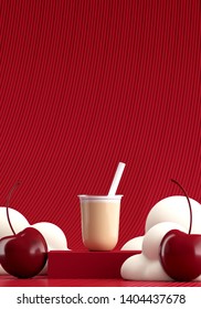 Minimal Beverage Background For Coffee Tea Smoothie Drink Presentation. Milk Tea On Red Podium And Cherry On Red Strip Pattern Scene. Cafe Poster Templates Mockup Illustration. 3d Render Illustration.