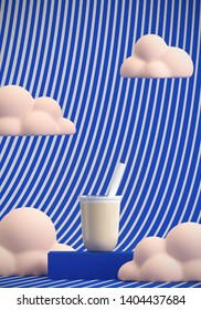 Minimal Beverage Background For Coffee Tea Smoothie Drink Presentation. Milk Tea On Blue Podium And Pink Cloud On Blue Strip Pattern Scene. Cafe Poster Templates Mockup . 3d Render Illustration.