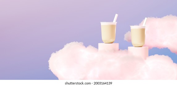 Minimal Beverage Background For Coffee, Tea And Drink Presentation. Milk Tea Cup On Pink Podium And Pink Cloud Scene. 3d Render Illustration. Clipping Path Of Each Element Included.