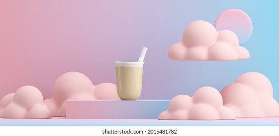 Minimal Beverage Background For Beverage Presentation. Blue Gradient Podium And Pink Cloud Scene. Café Poster Templates Mock Up. Clipping Path Of Each Element Included. 3d Rendering Illustration. 