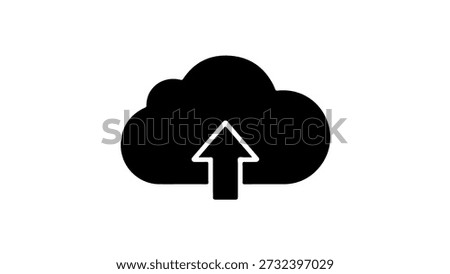 Minimal black cloud upload icon representing cloud computing, data storage, file upload, and online technology concept in flat vector silhouette style