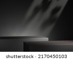 Minimal black double pedestal or podium for product showcase. Boxe shape pedestal. Dark background. Empty stage. 3d render illustration. Leaf shadow