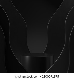 Minimal Black Modern Cylinder Box Pedestal Or Podium For Product Showcase. Abstract Geometric Shapes Background. Stand Product Mockup. Empty Stage. 3d Render Illustration