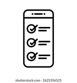 Minimal black and white line art of a smartphone screen with a checklist interface isolated.  productivity, task management, and mobile to-do list apps.