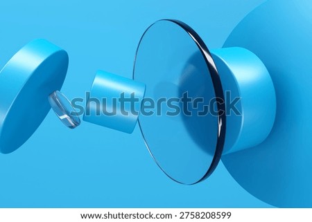 Minimal blue 3d scene featuring glossy cylinders and a transparent disc arranged in a balanced geometric composition for clean modern backgrounds and product mockups.
