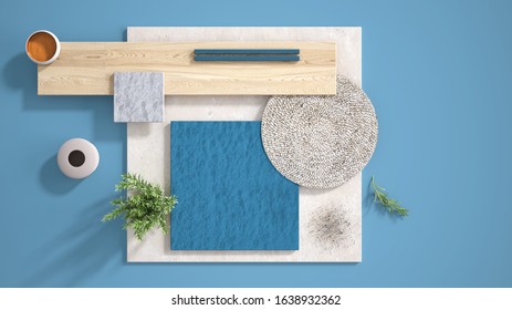 Minimal blue background with copy space, marble limestone and granite slabs, wooden plank, cutting board, rosemary and pepper and decors. Kitchen interior design concept, mood board, 3d illustration - Shutterstock ID 1638932362