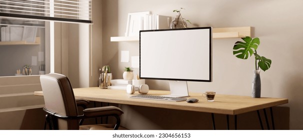 Minimal bright working space in apartment with computer white screen mockup and decor on a wooden table by the window. 3d render, 3d illustration