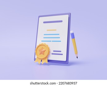 Minimal cartoon cute smooth. certificate icon and pencil on paper floating on pastel background quality courses exam education information warranty knowledge document assurance guarantee. 3d rendering - Powered by Shutterstock