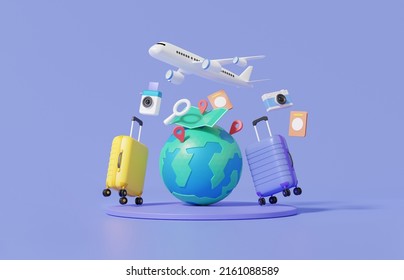 Minimal Cartoon Flight Airplane Travel Tourism Plane Trip Planning World Tour Luggage With Pin Location Suitcase And Map, Leisure Touring Holiday Summer Concept. Banner. 3d Render Illustration