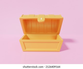 Minimal Cartoon Front Chest Golden Icon On Pink Background. Open Treasure Box Coffer Concept. Wealth Ancient Concept, Banner. 3d Render Illustration