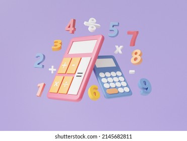 Minimal cartoon mathematic learning education concept. Calculator and basic math operation symbols math, plus, minus, multiplication, number divide on purple background. 3d render illustration
