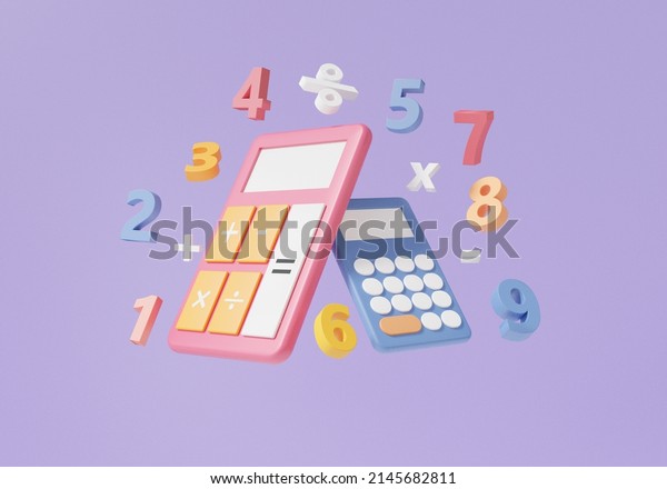 Minimal cartoon mathematic learning\
education concept. Calculator and basic math operation symbols\
math, plus, minus, multiplication, number divide on purple\
background. 3d render\
illustration