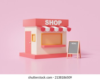 Minimal cartoon Shop store red and Store shop menu front sign on pink background. Shopping concept. discount promotion sale, banner, business investment. 3d render illustration - Powered by Shutterstock