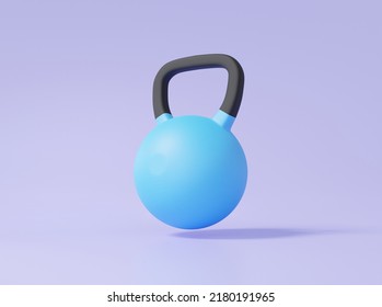 Minimal cartoon style heavy iron kettlebell icon sky blue color floating on purple pastel background. fitness health care, healthy concept. 3d render illustration