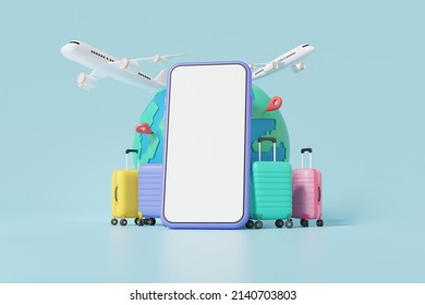 Minimal Cartoon. Travel Online Booking Service On Mobile.Tourism Plane Trip Planning World Tour With Pin Location Suitcase Of Search, Leisure Touring Holiday Summer Concept. 3d Render Illustration