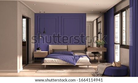Similar – Image, Stock Photo Modern bedroom with purple accents and city view