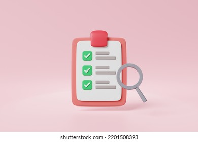 Minimal Clipboard With Correct Mark Checklist, Magnifier Pink Background. Business Assignment Task List Successfully Completed Tick Checkbox Report, Project Planning Management Concept. 3d Rendering