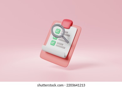 Minimal Clipboard With Correct Mark Checklist, Magnifier Pink Background. Business Assignment Task List Successfully Completed Tick Checkbox Report, Project Planning Management Concept. 3d Rendering