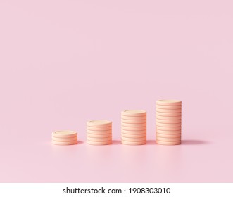 Minimal Coin stacks growing graph on pink background. Business investment and saving money concept. 3d render illustration