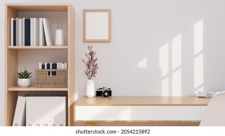 Minimal and comfort home working space interior with wooden furniture, copy space for montage on wooden table and blank frame on white wall. 3d rendering, 3d illustration