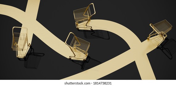 Minimal composition for Black Friday and sale event concept. Gold shopping cart trolley and gold path on black background. 3d rendering illustration. Clipping path of each element included. - Powered by Shutterstock