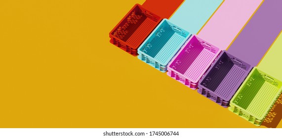 Minimal Composition For Business, Shipping And Storage Concept. Colorful Plastic Crate Container On Yellow Background. 3d Rendering Illustration.